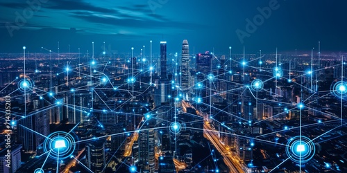 Modern city landscape showing dots and line representing high-speed internet, cloud data storage, computing, global market, global network - AI Generated