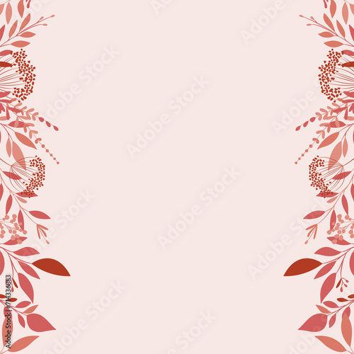 Szablon zaproszenia ślubnego. Elegancka kartka z dekoracją botaniczną w odcieniach różu i beżu, z czerwonym akcentem. Kwiatowy wzór z liśćmi i gałązkami.