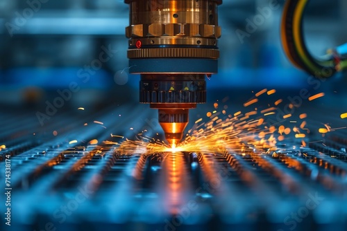 In an industrial setting, the laser machine precisely cuts the steel sheet, generating sparks in a high-tech demonstration