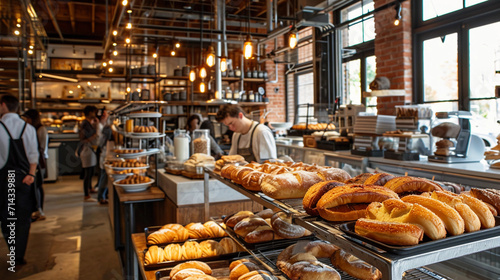 bakery with exposed brick walls, sourdough breads and eclairs on metal racks, trendy and bustling, a busy weekday