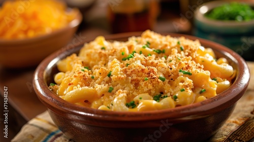  a wooden bowl filled with macaroni and cheese and topped with parmesan sprinkles on a table next to other bowls of cheese and vegetables.
