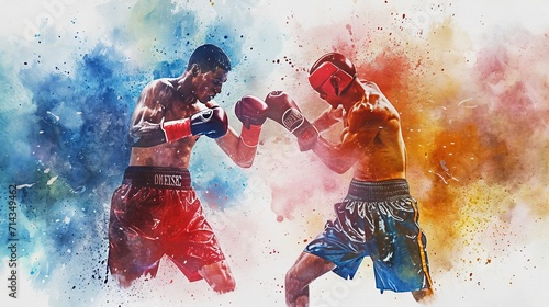 Dynamic watercolor artwork of male boxers in action, a blend of sport and art. Vibrant watercolor strokes. Concept of combat sports, the dynamism of boxing, and artistic expression.