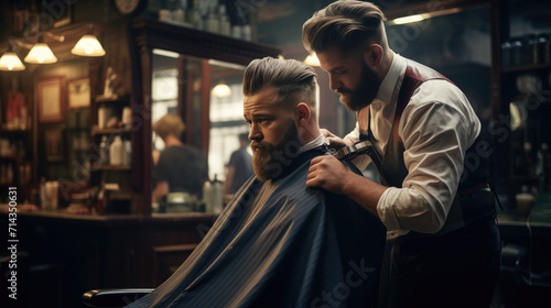 A person getting a stylish haircut in a classic barbershop, a moment of grooming and transformation.