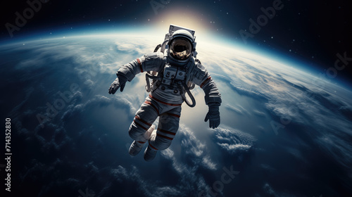 An astonishing photograph of an astronaut gracefully floating in the boundless expanse of space, with the Earth as a captivating backdrop.