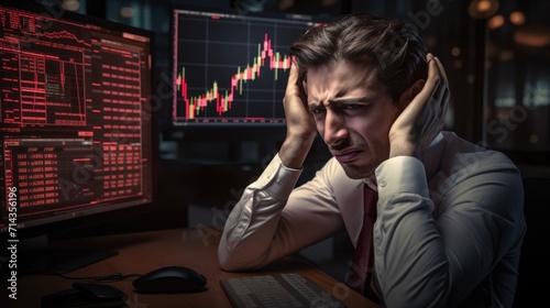 Unhappy businessman. Loser. Charts and data on screens. Stock or forex trader. Wall Street trading. AI Generated