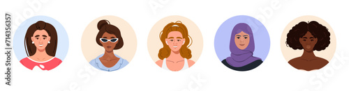 A set of avatars of female characters in a round frame. Circle the portraits with the faces of young women of different nationalities. A set of user profiles. Vector cartoon illustration in a flat sty