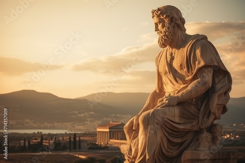 Socrates Statue in Ancient Greece. Greek God. Heracles. Zeus. Acropolis of Athens. Mythology. Golden hour. AI Generated 