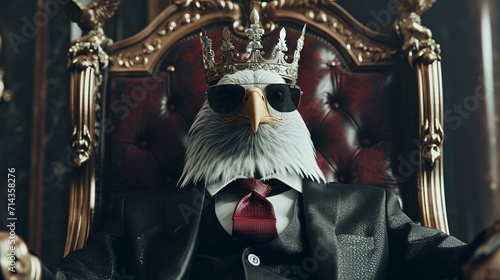 Bald eagle wearing tie with crown and sunglasses sitting on a throne, closeup. AI Generative