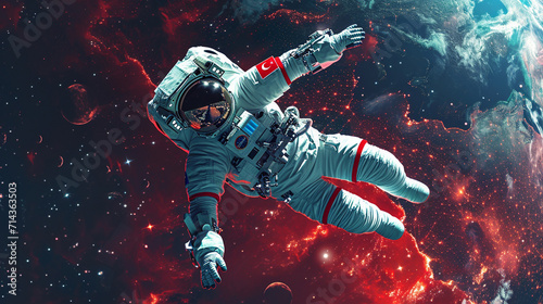  A Turkish astronaut gracefully floating in zero gravity, surrounded by cosmic elements, while the Turkish flag on the spacesuit adds a touch of national identity. Generative AI