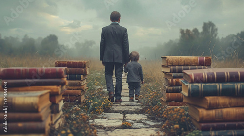 Father and son walking on a path surrounded by books