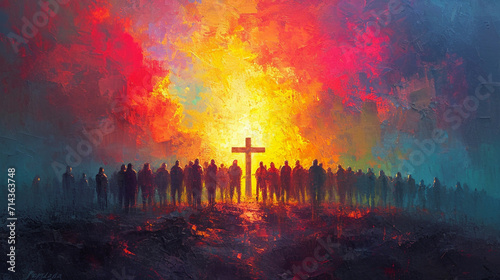 Road to the Cross, Christian symbol, people go to the cross, illuistration