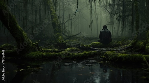 Lonely man sits in the dark forest in the middle of nowhere. Stalker, rear view. Depression and solitude. AI Generated