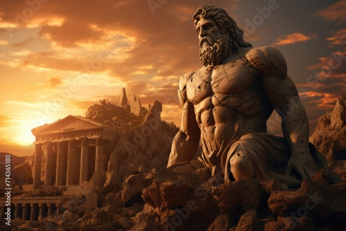 Statue of Heracles in Ancient Greece. Greek Gods. Zeus. Ruins of Acropolis. Mythology. Golden hour sunset. AI Generated 