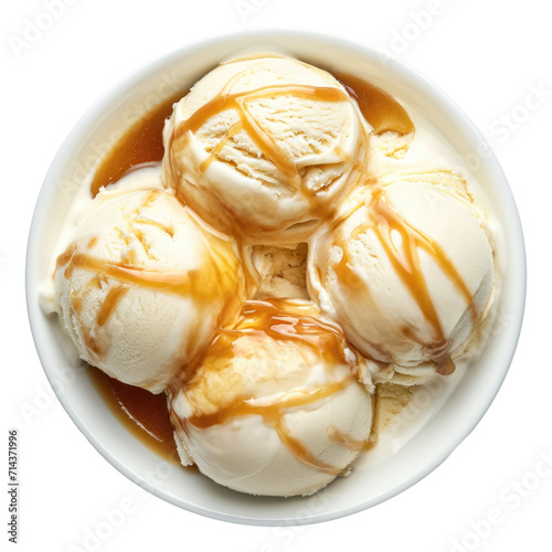 Vanilla ice cream with caramel sauce isolated.