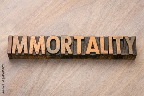 immortality word in vintage letterpress wood type printing blocks, indefinite continuation of a person's existence, even after death