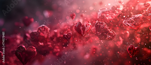A mesmerizing display of vibrant magenta and red hearts, drenched in a delicate rain, evoke feelings of love and passion in a picturesque scene