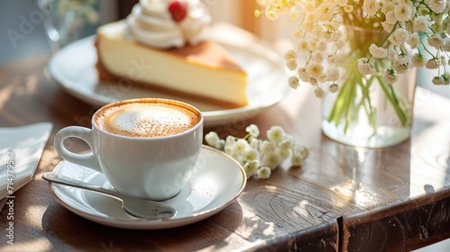  a cup of cappuccino sits on a saucer next to a plate with a piece of cake on it and a vase with flowers in the background.