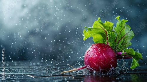  a radish sprouts out of the water on a rainy day, with rain falling down on the ground and the radishes in the foreground.