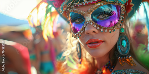 Carnival, festival and party. Close-up of a woman in a colorful carnival mask with intricate details.