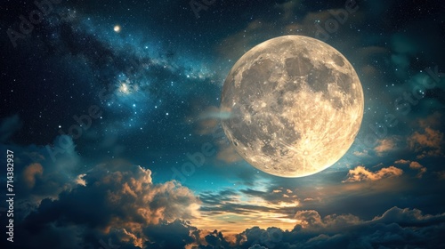  a full moon rising above the clouds in the night sky with stars and clouds in the foreground, and a dark blue sky with white clouds and stars in the background.