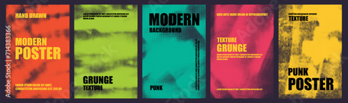 Grunge colorful poster collection with halftone texture and typography text.