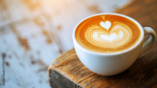 Close up white coffee cup with heart shape latte art foam on black wood table. Ai Generative