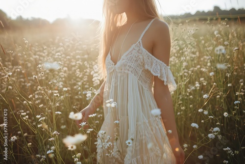 A photo of bohemian summer fashion with a breezy maxi dress and accessories, in a sunlit field of wildflowers
