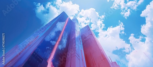 Cityscape featuring a tall, earthquake-resistant skyscraper with insulated walls, set against a blue sky with clouds.
