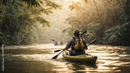 Unrecognizable young man from behind and carefree in kayak enjoying nature in a river in the jungle at sunset near a waterfall, with sunrise. Beauty girl outdoors. Concept of freedom and adventure 