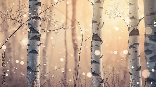  a group of birch trees in a forest with snow falling on the branches and the sun shining through the trees, with a blurry background of snow falling on the ground.