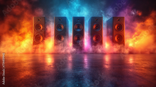 Music sounds speaker system on colorful bokeh background