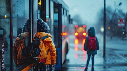 Back to school, Bus Stop Moments, Photograph kids waiting at the bus stop, background image, generative AI