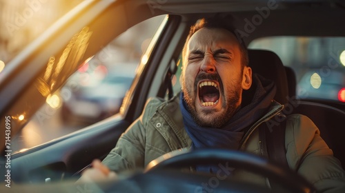 Angry driver screaming at someone from car in traffic jam