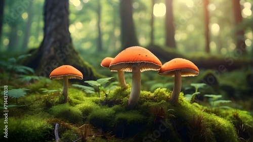 fly mushroom,mushroom in the forest, red mushroom in the forest, Fairytale hallucinogenic mushrooms in a sunny, enchanted forest, growing in green moss.