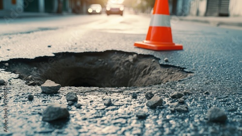 Deep sinkhole on a street city and orange traffic cone. Dangerous hole in the asphalt highway. Road with cracks. Bad construction. Damaged asphalt road collapse and fallen.