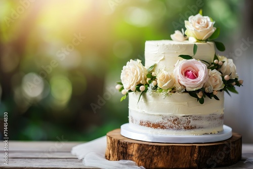 Beautiful rustic wedding cake with copy space.