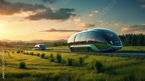Future transportation car in the middle of green grass.