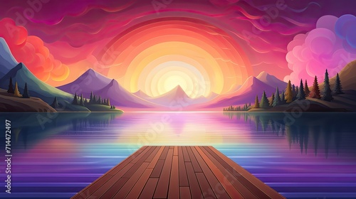 A colorful abstract design with intersecting shapes and a gradient background 90 a tranquil lake with a wooden dock and a view of the mountains in the background