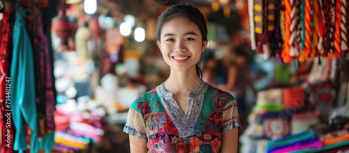Smiling girl in a colorful skirt at an Asian market.