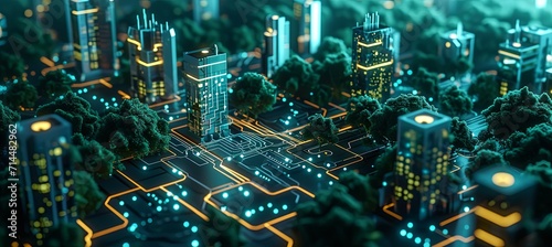 lighted electrical circuit board showing trees and cities