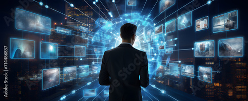 Businessman views digital images on a dark blue background, depicting world maps, intertwined networks, and a virtual world. Abstract concept of technology in business and network connections.