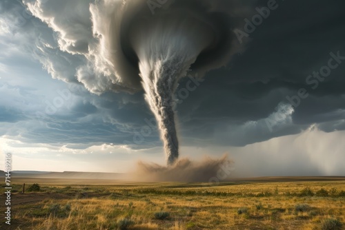 A powerful tornado sweeps across a stormy landscape