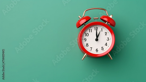 top view flat lay red alarm clock on green background