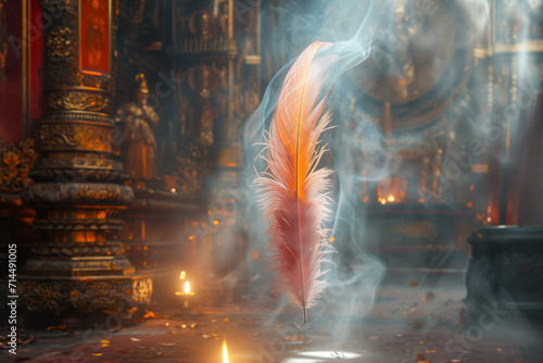Iridescent phoenix feather, ablaze with rebirth, dances in sacred smoke. Ancient temple whispers legends, golden glow ignites hope. Off-center, ethereal, blurred edges. Chinese New Year concept