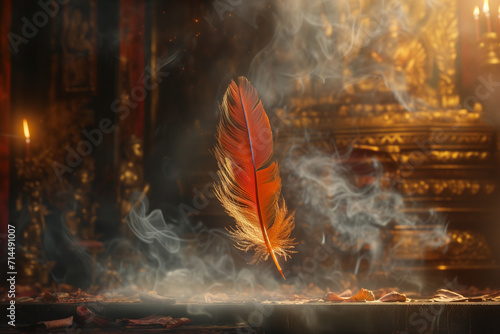 Iridescent phoenix feather, ablaze with rebirth, dances in sacred smoke. Ancient temple whispers legends, golden glow ignites hope. Off-center, ethereal, blurred edges. Chinese New Year concept