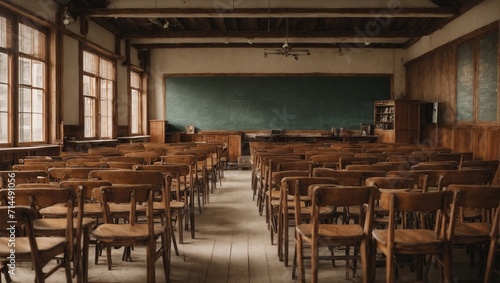 vintage classroom with rows of wooden chairs, each one unique in its own worn and weathered way