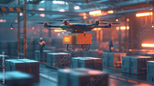 Storage Facility robot Loads Up Autonomous Flying Delivery Drone with a Parcel. Futuristic Parcel Drone Takes Off on Flight from Warehouse to Client Waiting for Package.