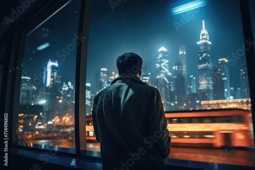 Man looking out window at city at night. Generative AI.