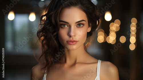 Portrait of a beautiful young woman with makeup and curly hair.