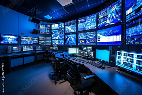 High tech security control room with multiple screens